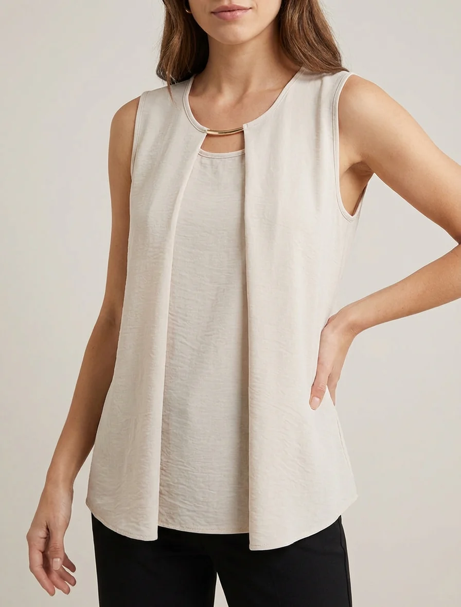 Effen rechter top met ronde hals en juweel - Beige - Image 4