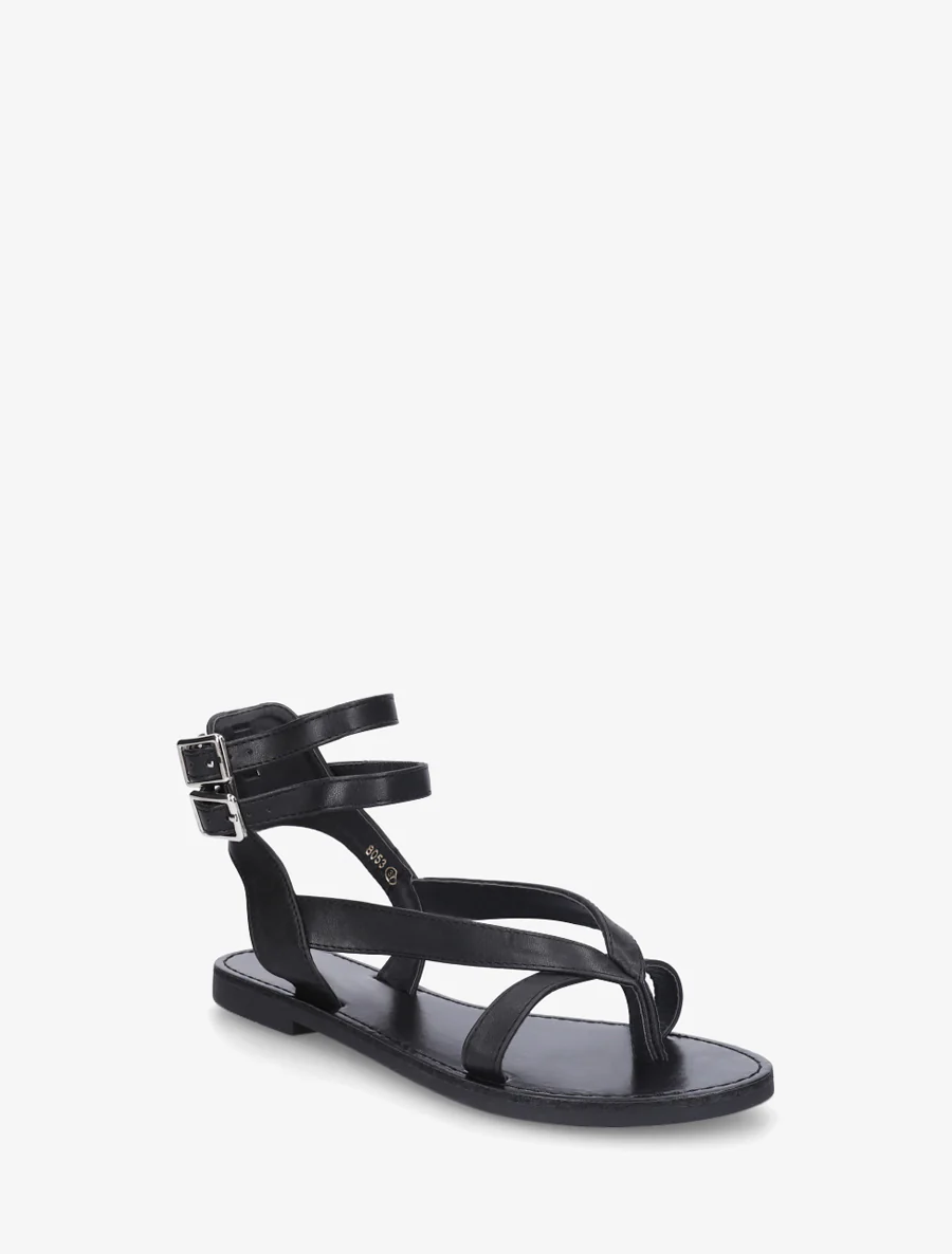 Effen sandalen van imitatieleer met dubbele gespen - Zwart - Image 2