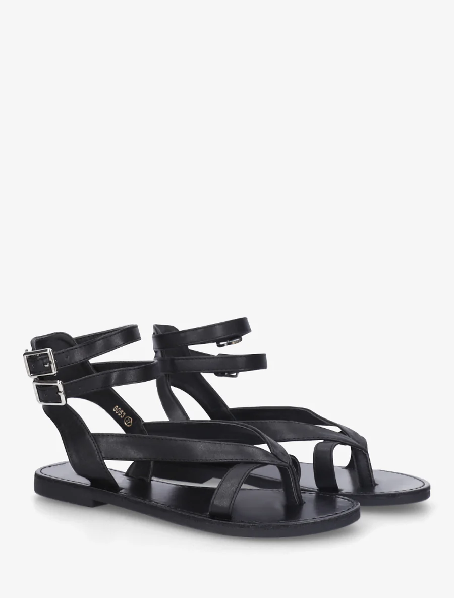 Effen sandalen van imitatieleer met dubbele gespen - Zwart - Image 4