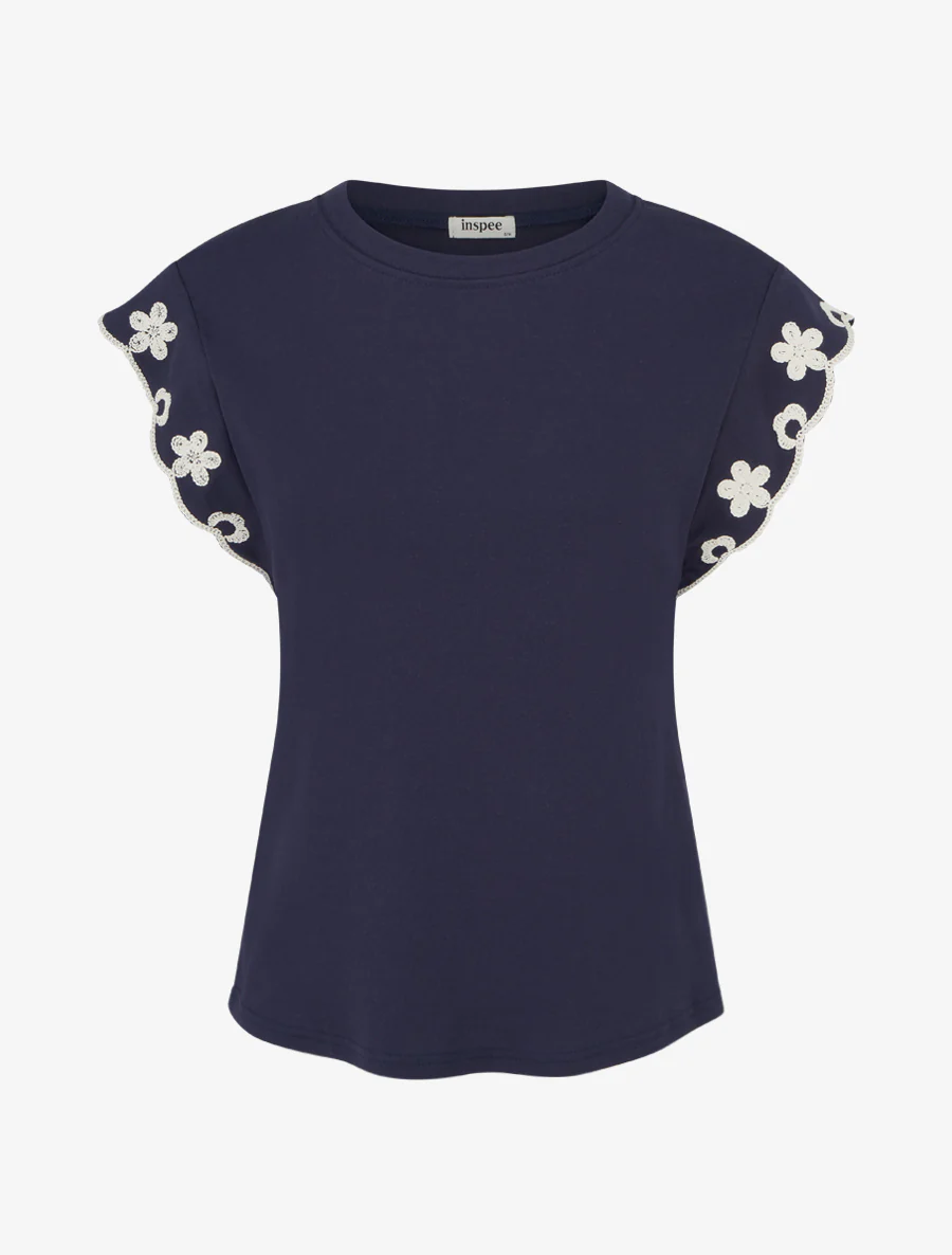Effen T-shirt met bloemenmotief - Marine