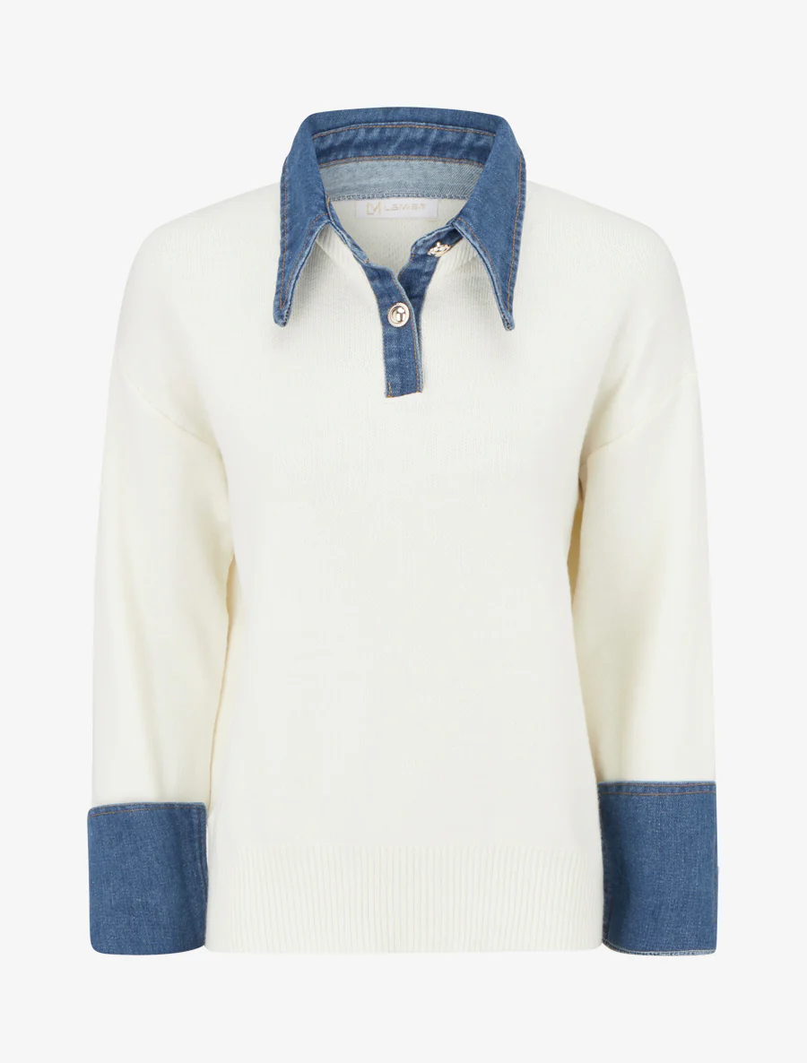 Effen trui met denim inzetstuk - Wit