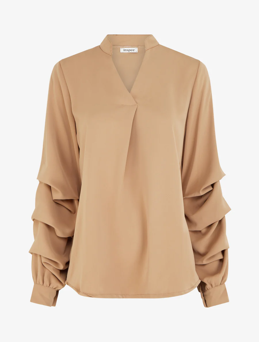Effen vloeiende blouse met gestileerde mouwen - Licht kameel