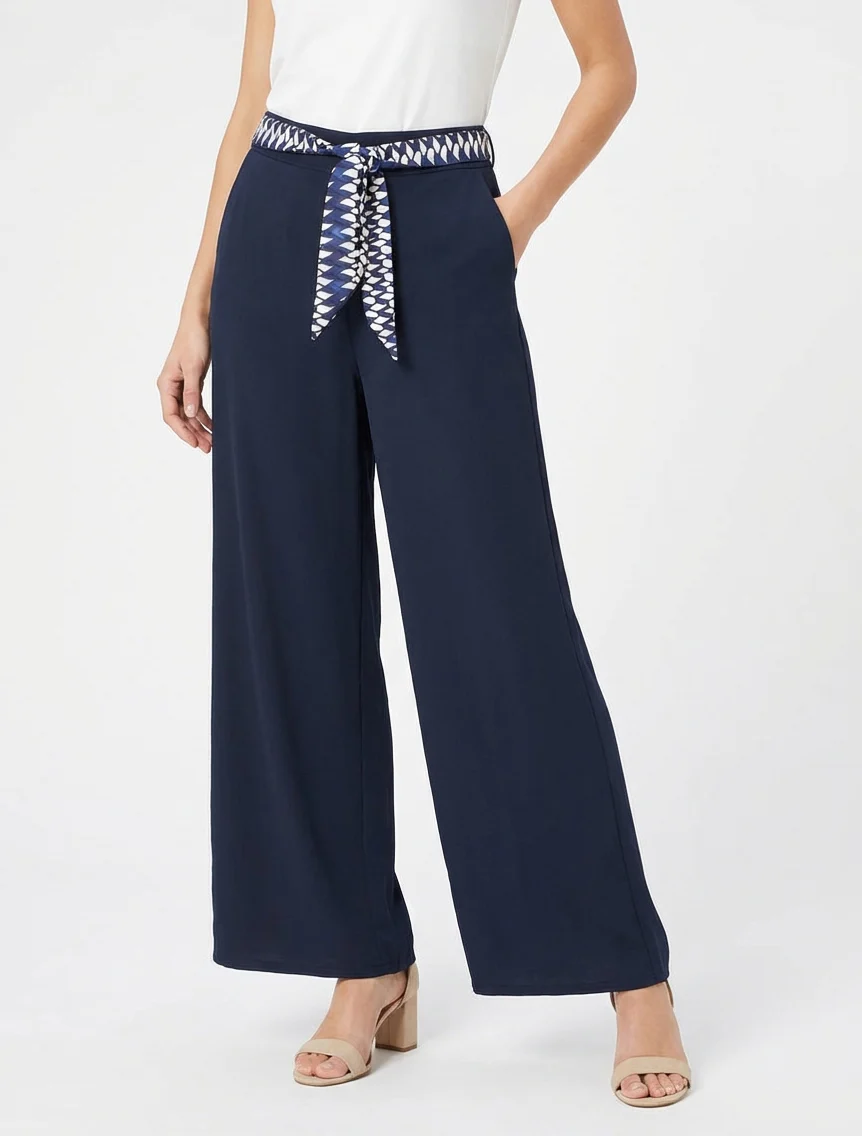 Effen wijde broek met ceintuur - Marine - Image 4