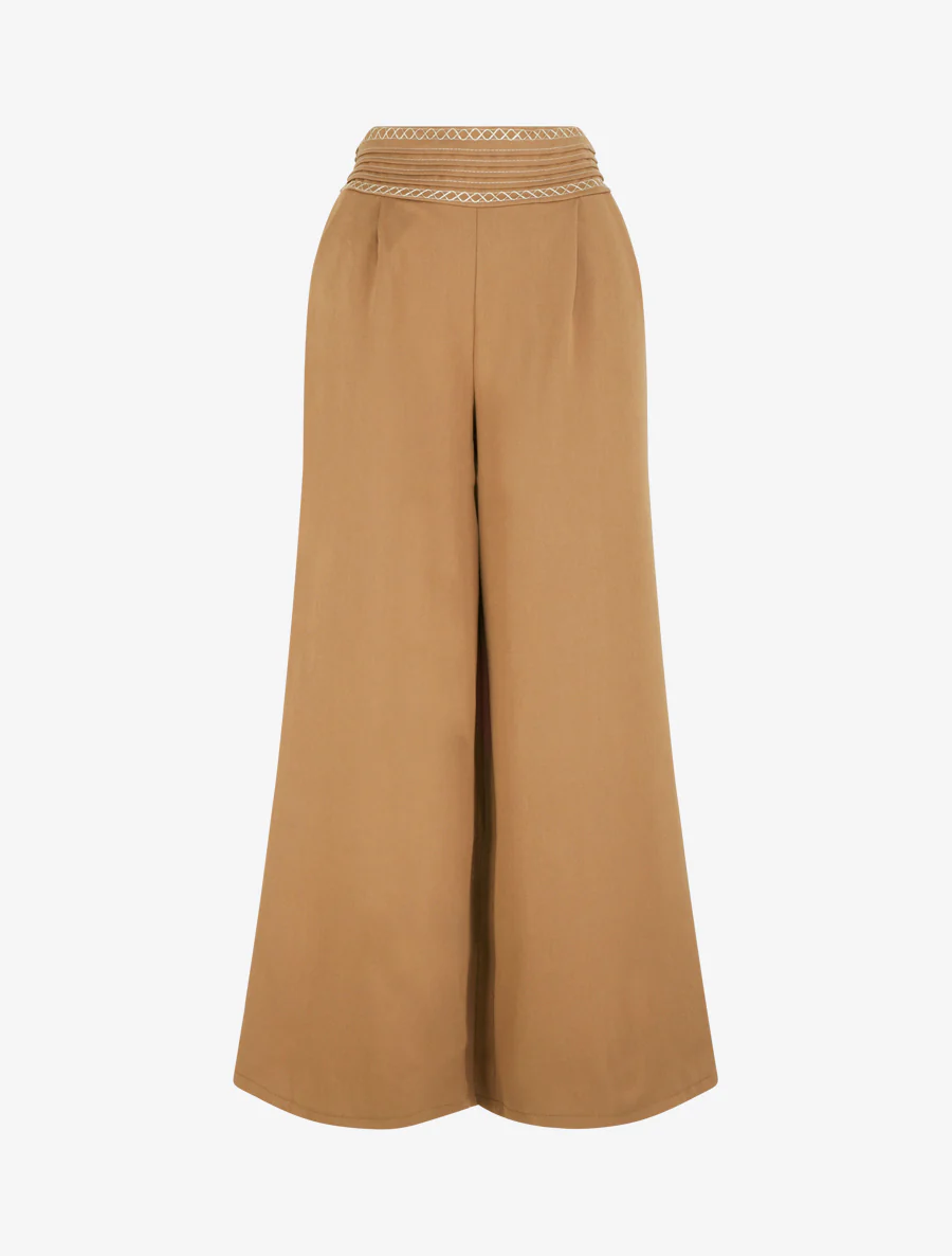Effen wijde broek met geborduurd detail - Kameel