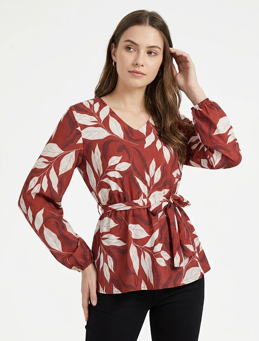 Elastische blouse met bladdessin - Rood - Image 4