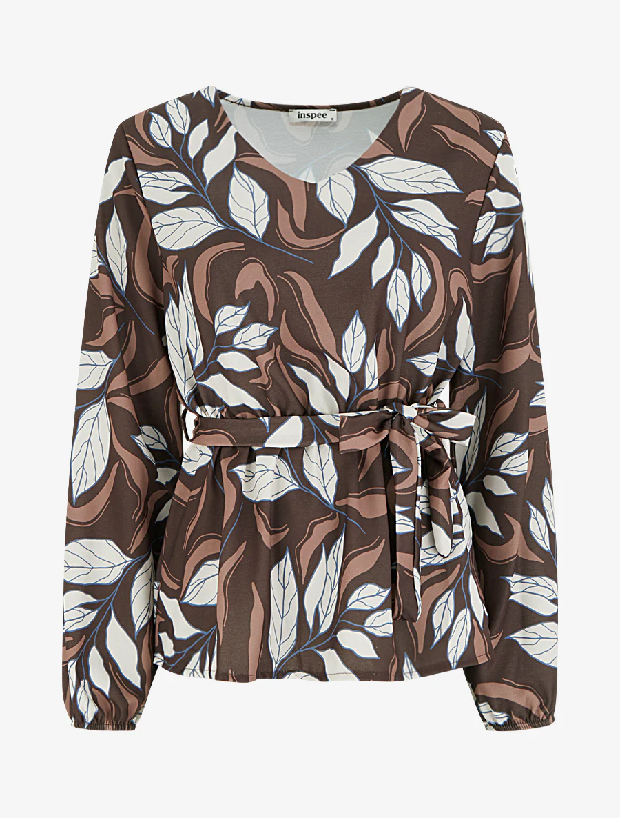 Elastische blouse met bladdessin - Bruin