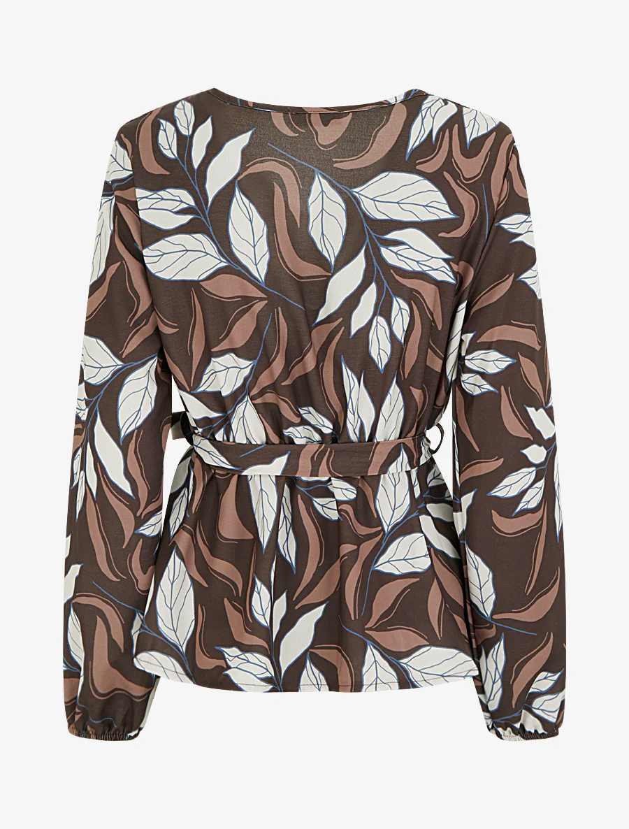 Elastische blouse met bladdessin - Bruin - Image 2