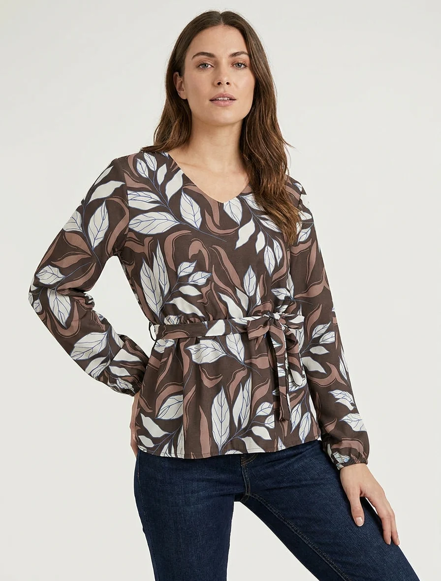 Elastische blouse met bladdessin - Bruin - Image 4
