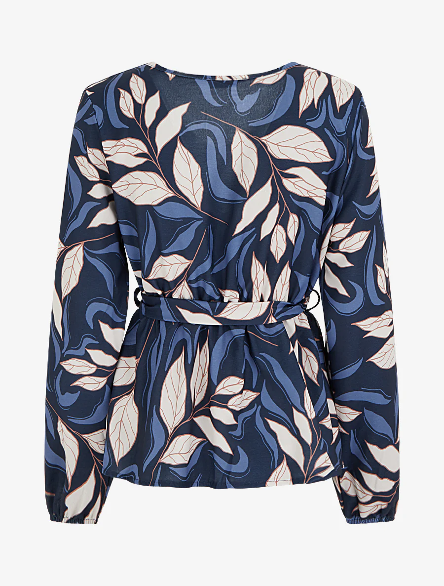 Elastische blouse met bladdessin - Marine - Image 2