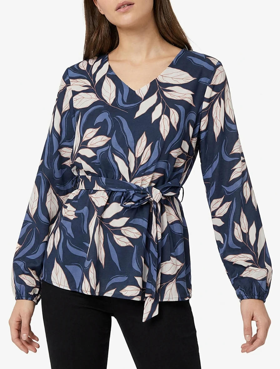 Elastische blouse met bladdessin - Marine - Image 4