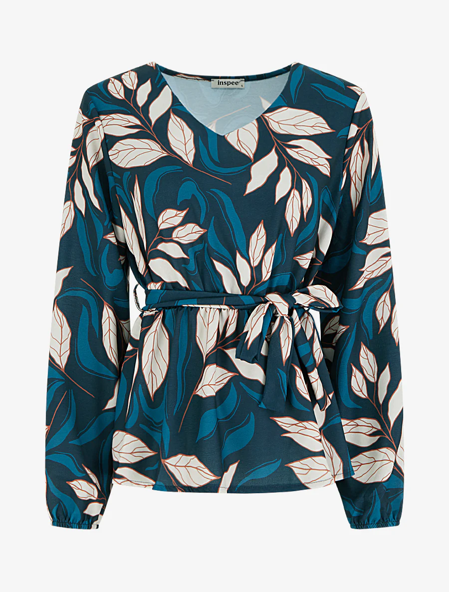 Elastische blouse met bladdessin - Eendenblauw