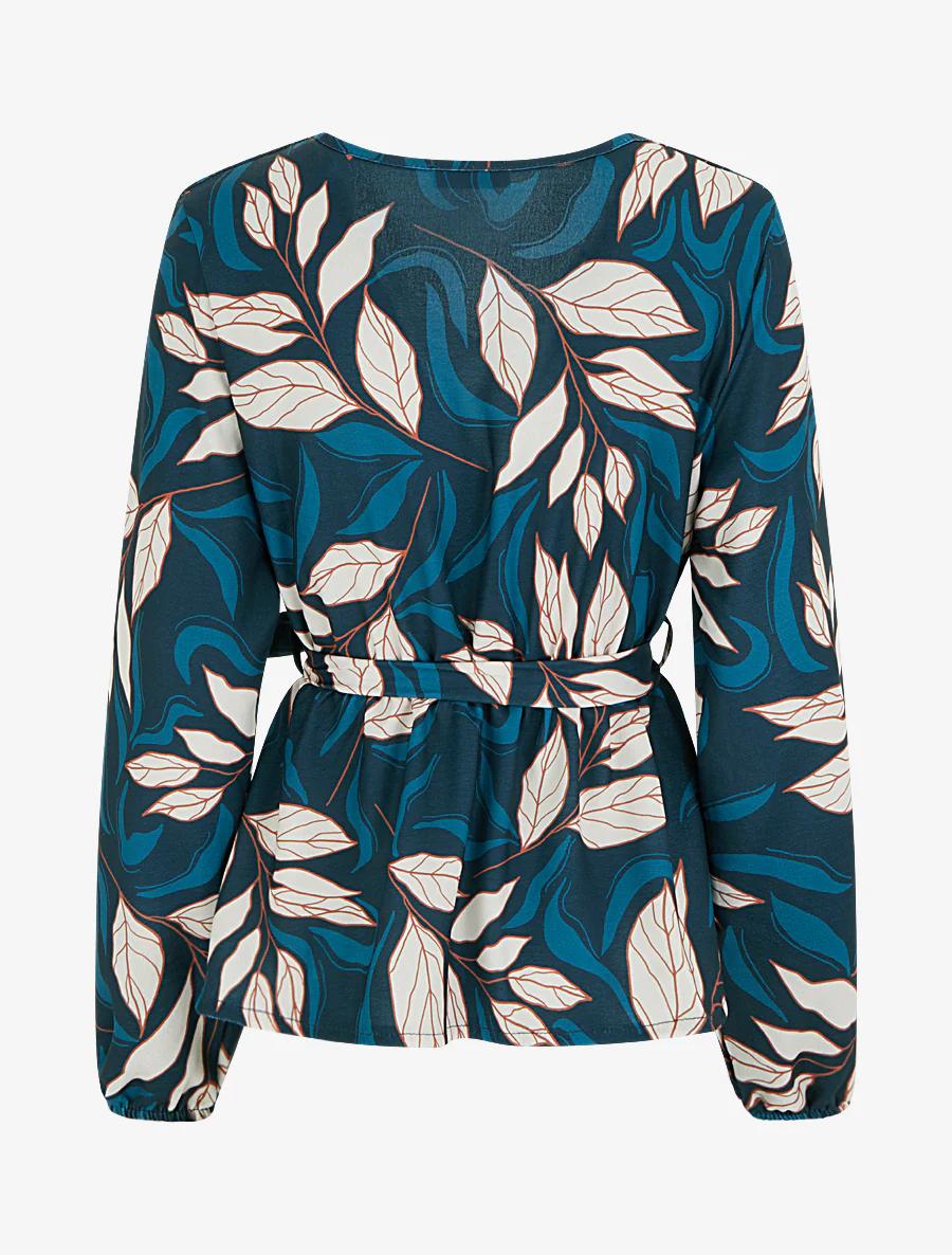 Elastische blouse met bladdessin - Eendenblauw - Image 2