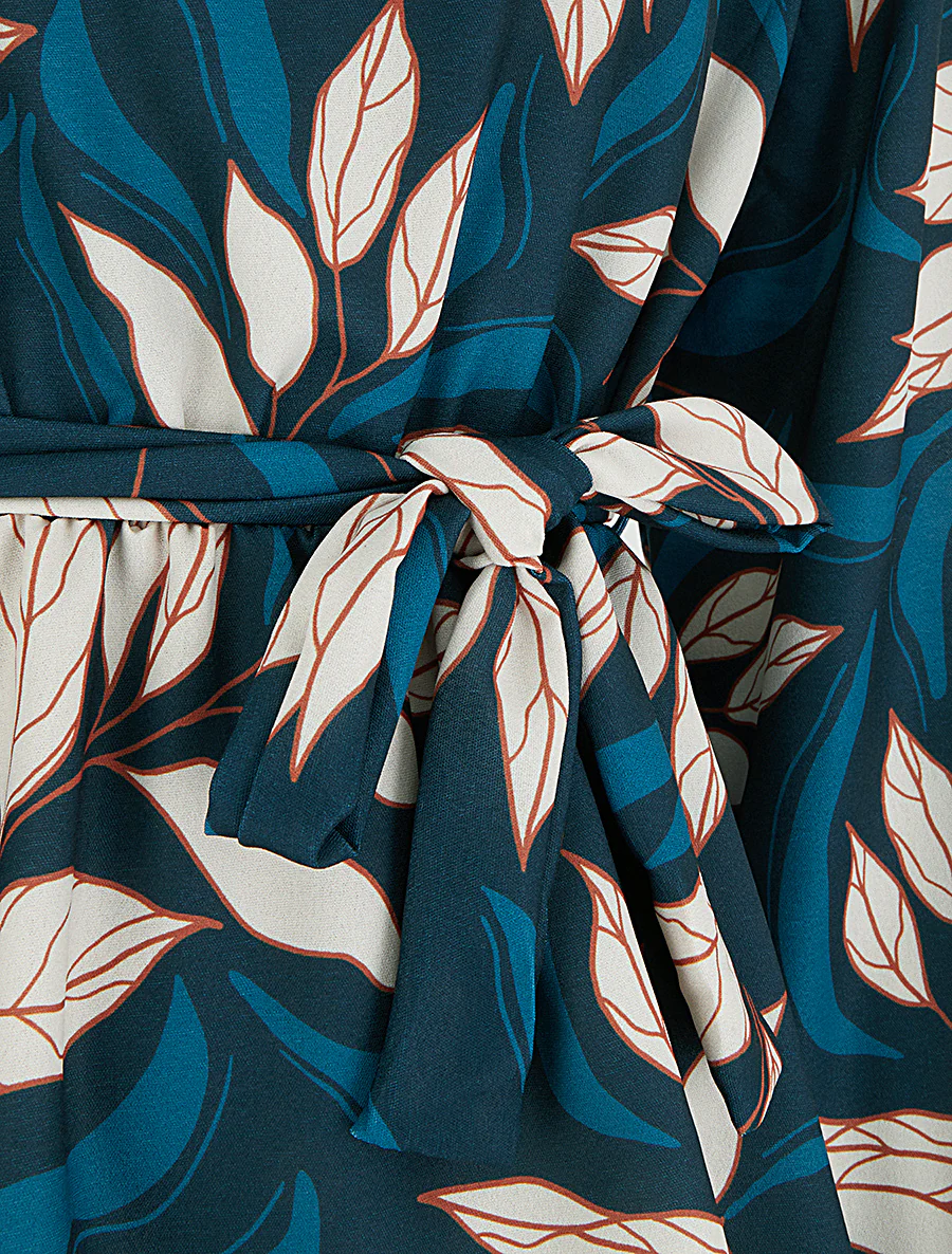 Elastische blouse met bladdessin - Eendenblauw - Image 3