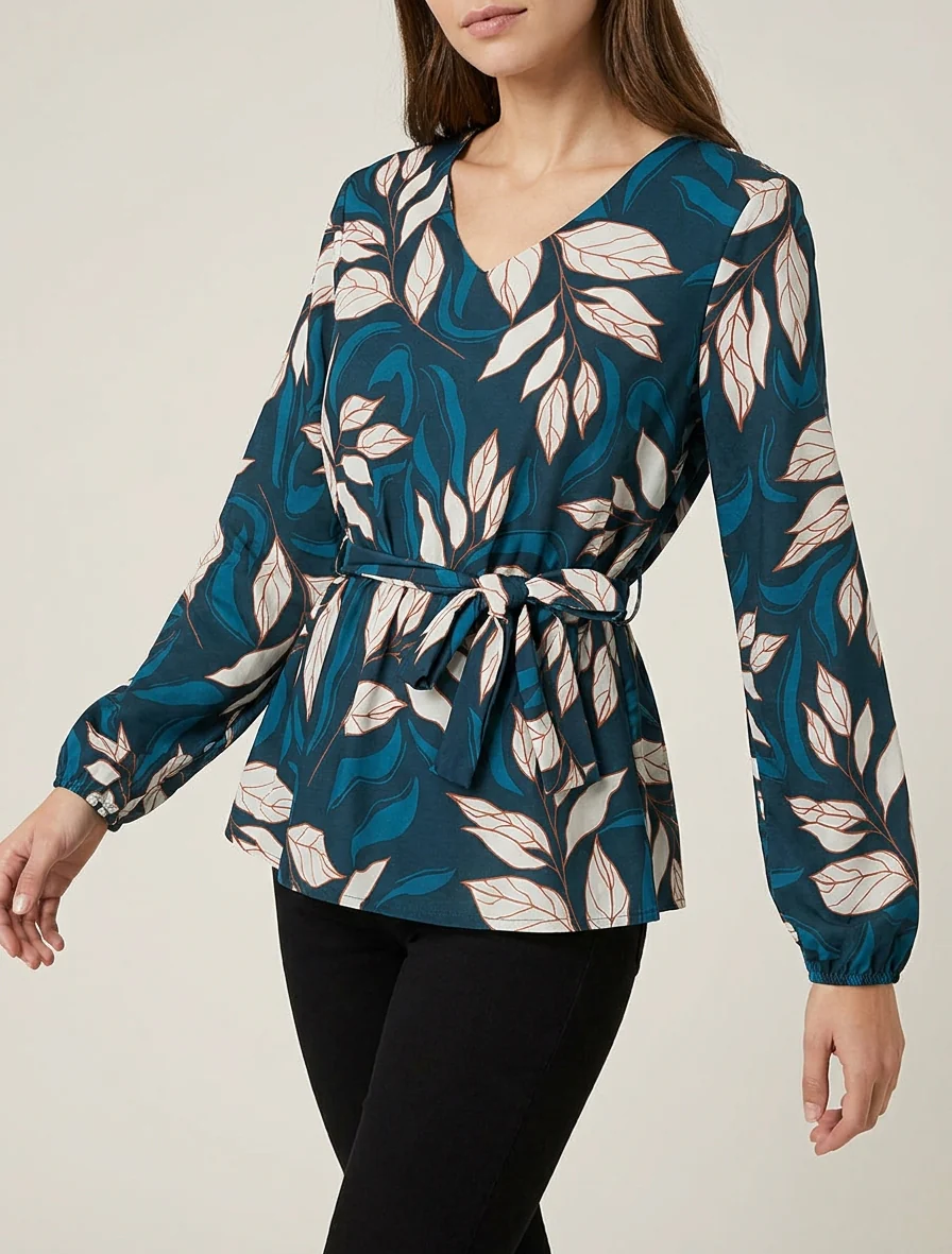 Elastische blouse met bladdessin - Eendenblauw - Image 4