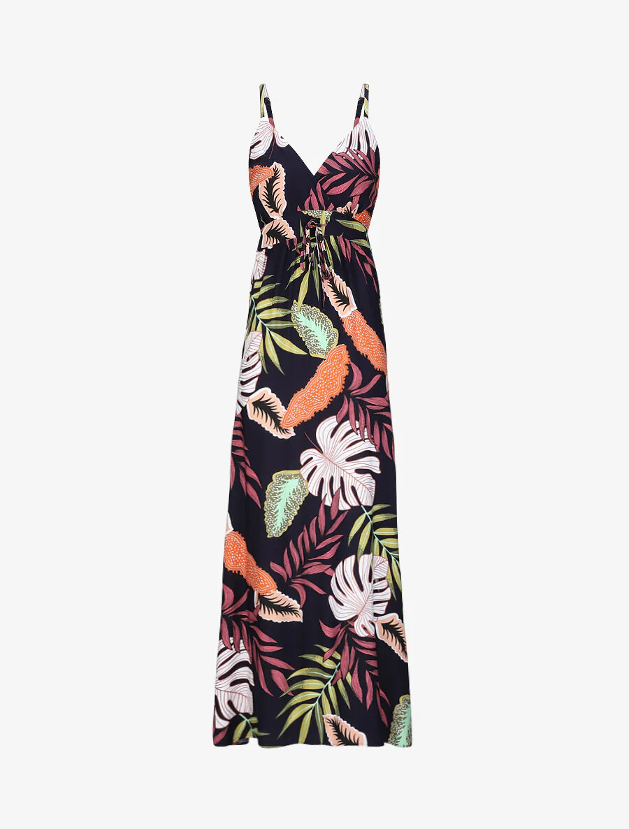 Empire lange jurk met tropische plantenprint en schouderbandjes - Marine