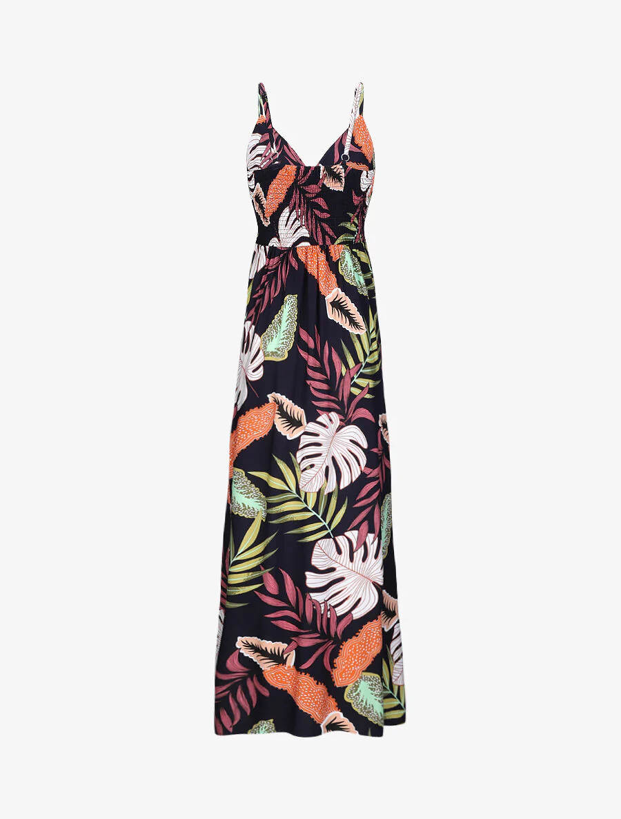 Empire lange jurk met tropische plantenprint en schouderbandjes - Marine - Image 2
