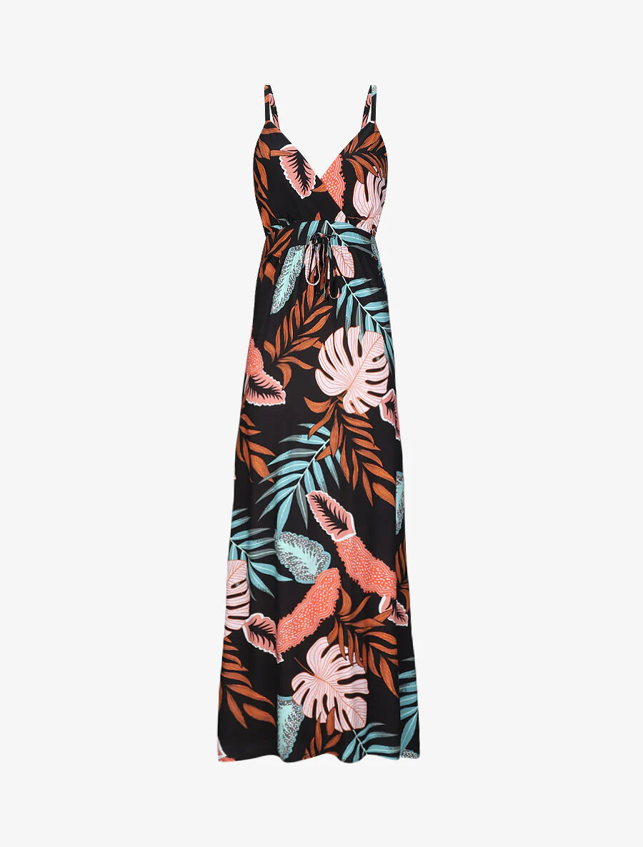 Empire lange jurk met tropische plantenprint en schouderbandjes - Zwart