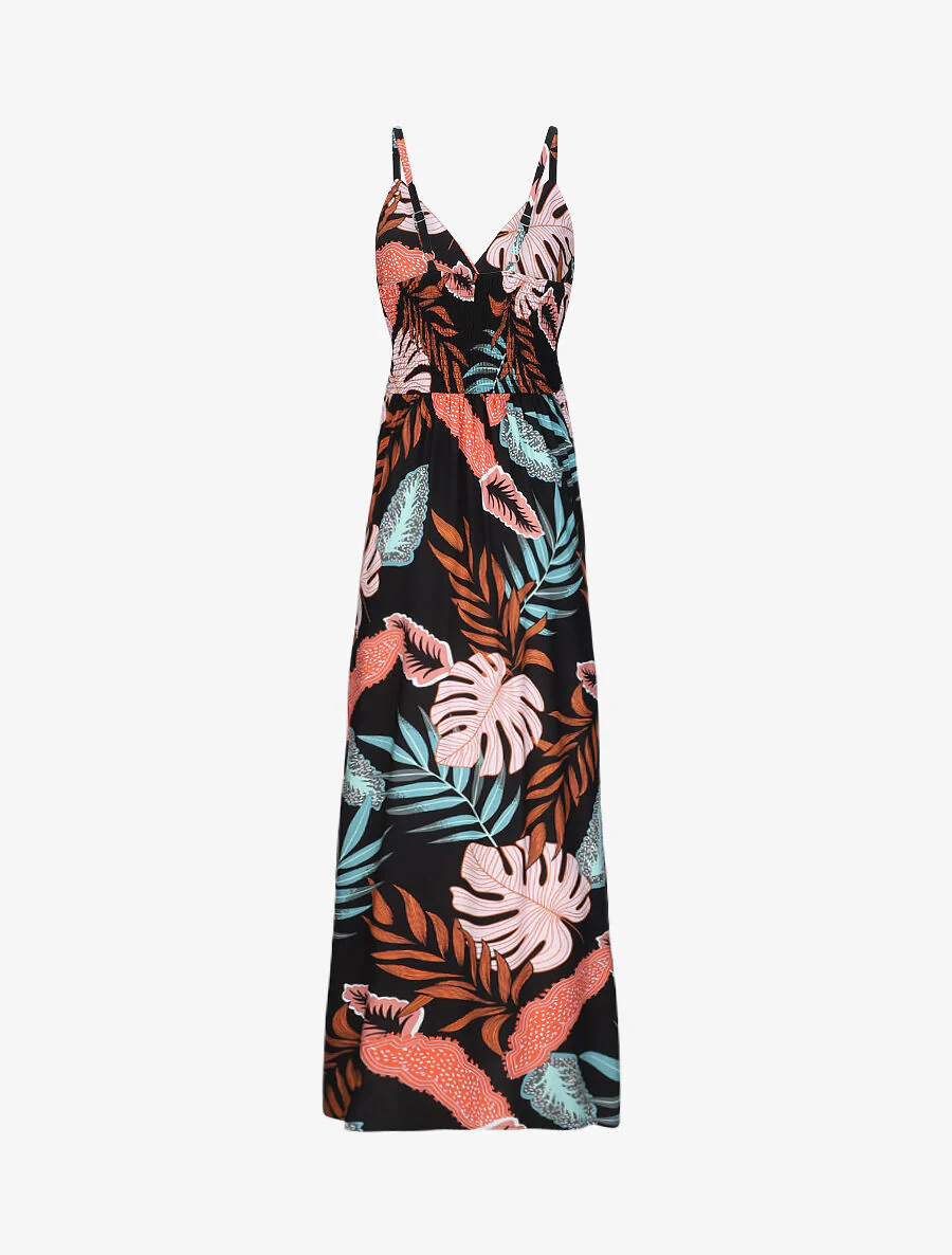 Empire lange jurk met tropische plantenprint en schouderbandjes - Zwart - Image 2