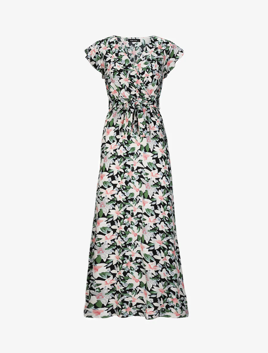 Empire lange jurk met volant schouders waterverf bloemenprint - Zwart