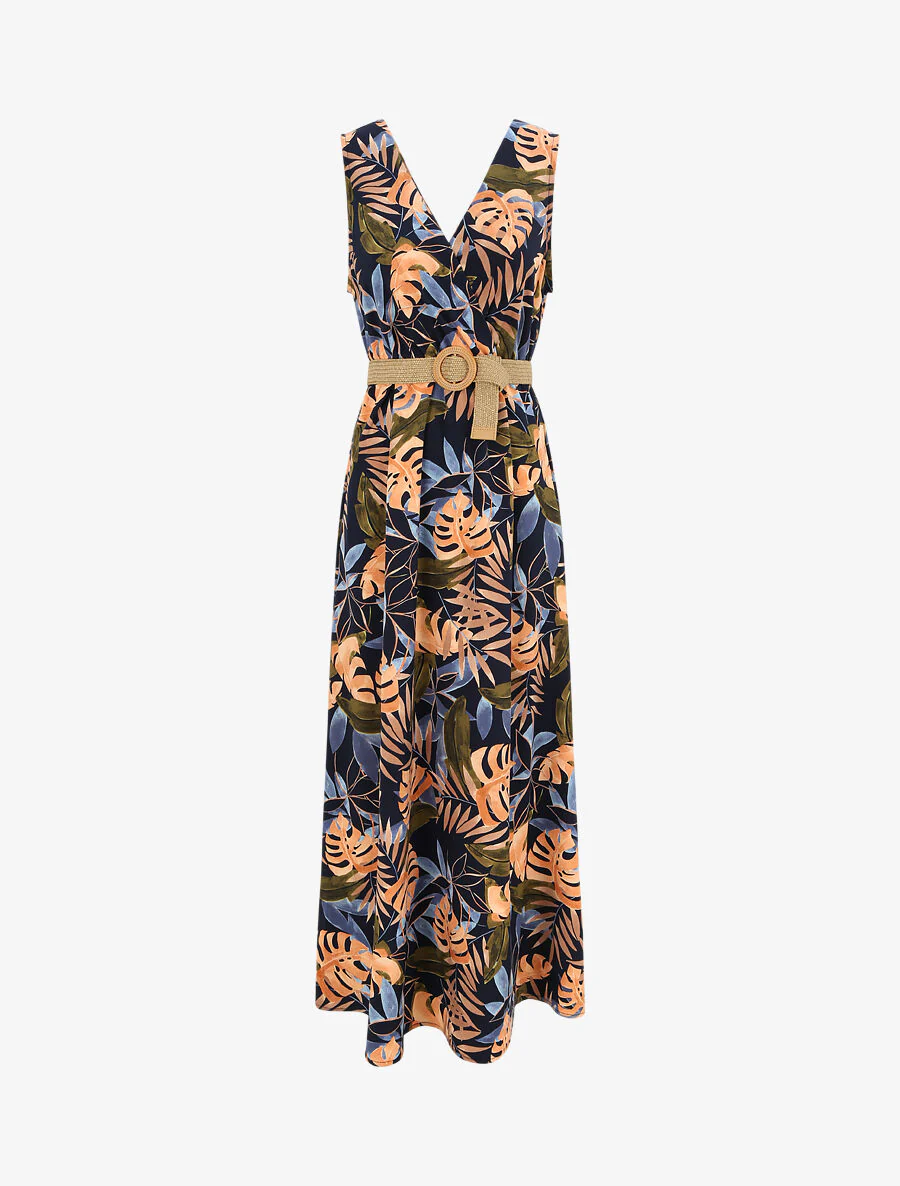 Empire lange jurk zonder mouwen met tropisch print - Donkerblauw
