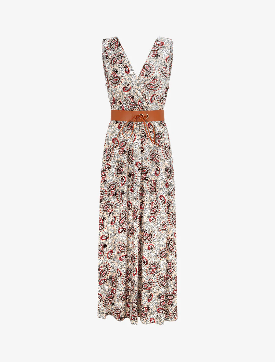 Empire lange mouwloze cachemire gedrukt jurk - Beige