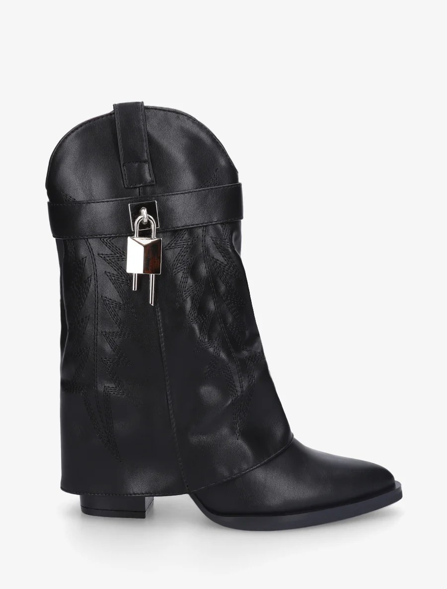 Enkellaarsjes van imitatieleer in cowboy-stijl met een hangslot. - Zwart