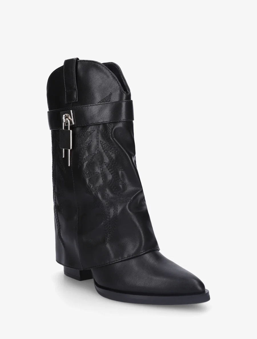Enkellaarsjes van imitatieleer in cowboy-stijl met een hangslot. - Zwart - Image 2