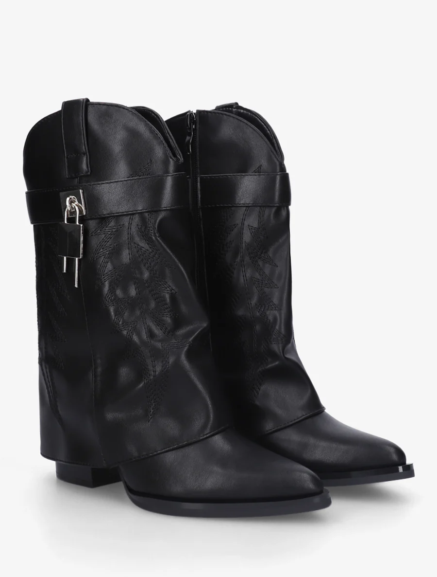 Enkellaarsjes van imitatieleer in cowboy-stijl met een hangslot. - Zwart - Image 4
