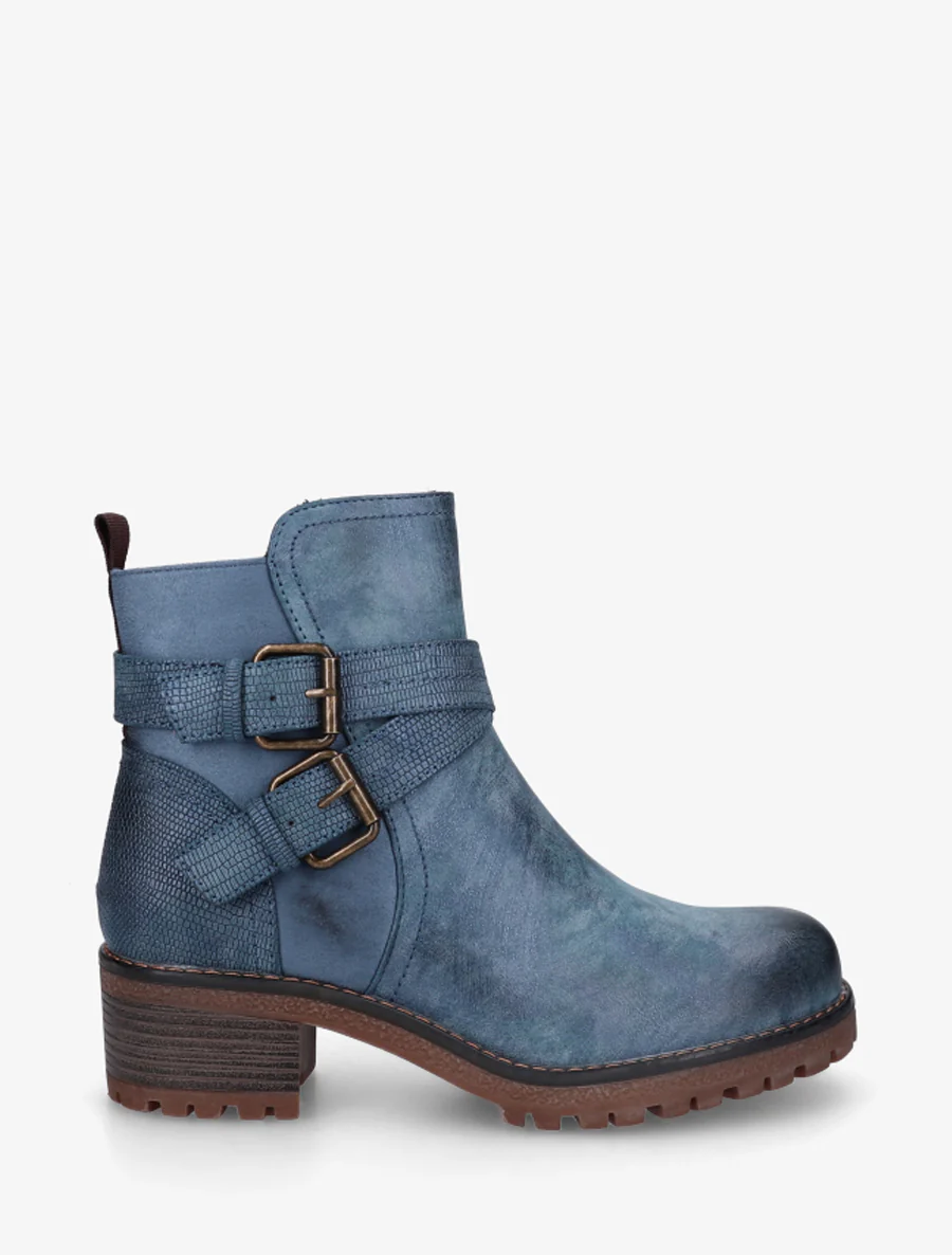 Enkellaarsjes van twee materialen met dubbele riemen - Blauw