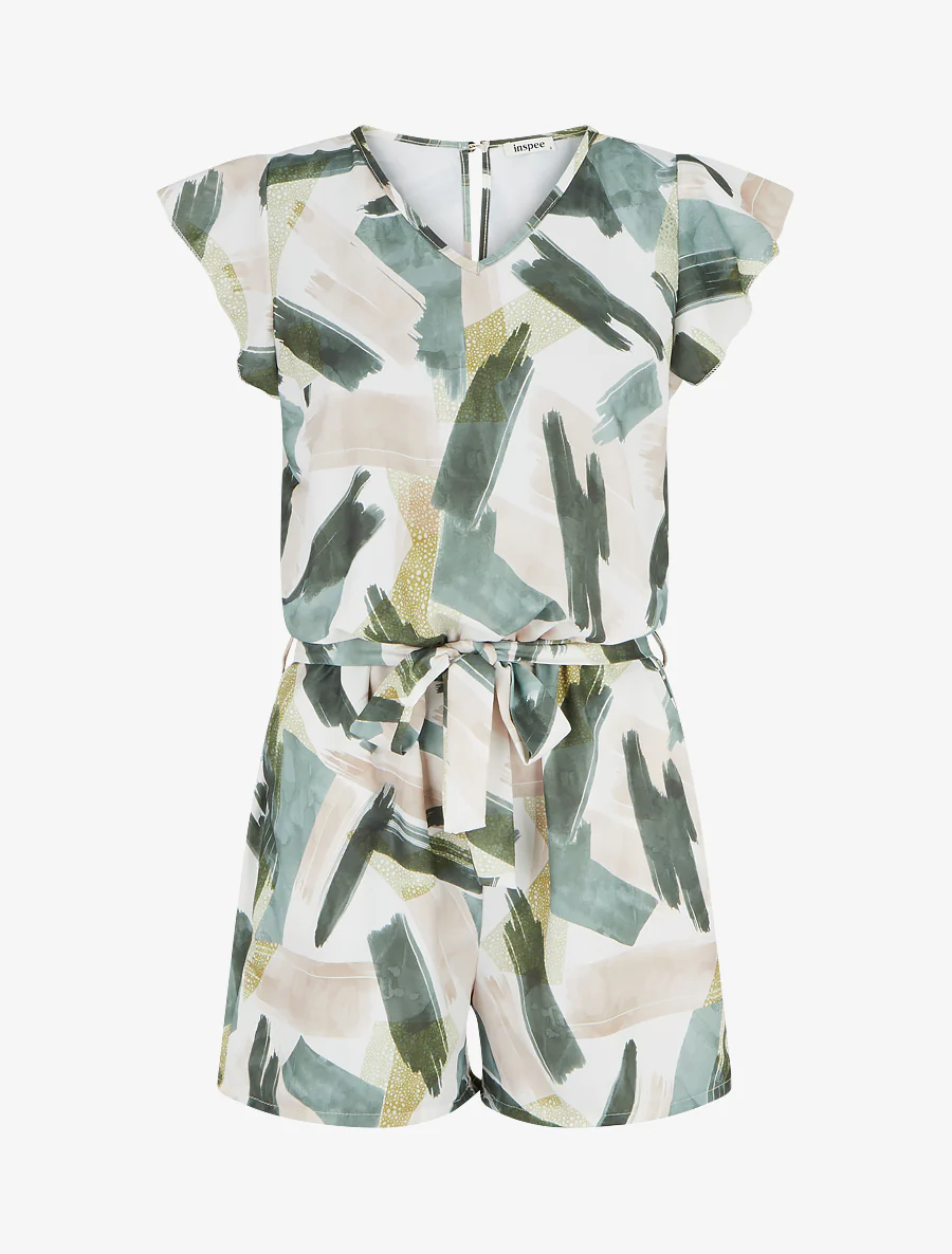 Fantasie jumpsuit met korte, gerimpelde mouwen - Kaki