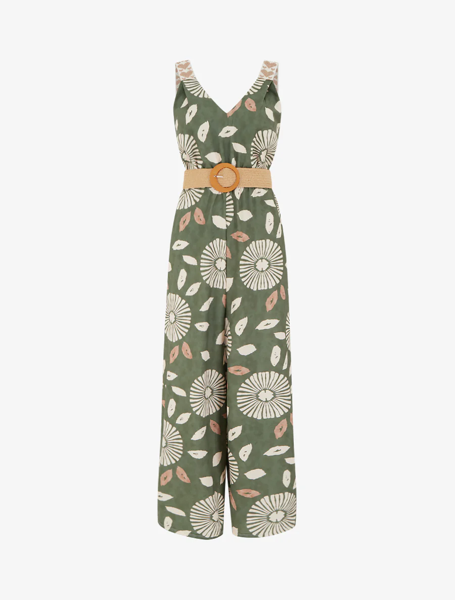 Fantasieprint jumpsuit met hartjesmotief en bandjes - Kaki
