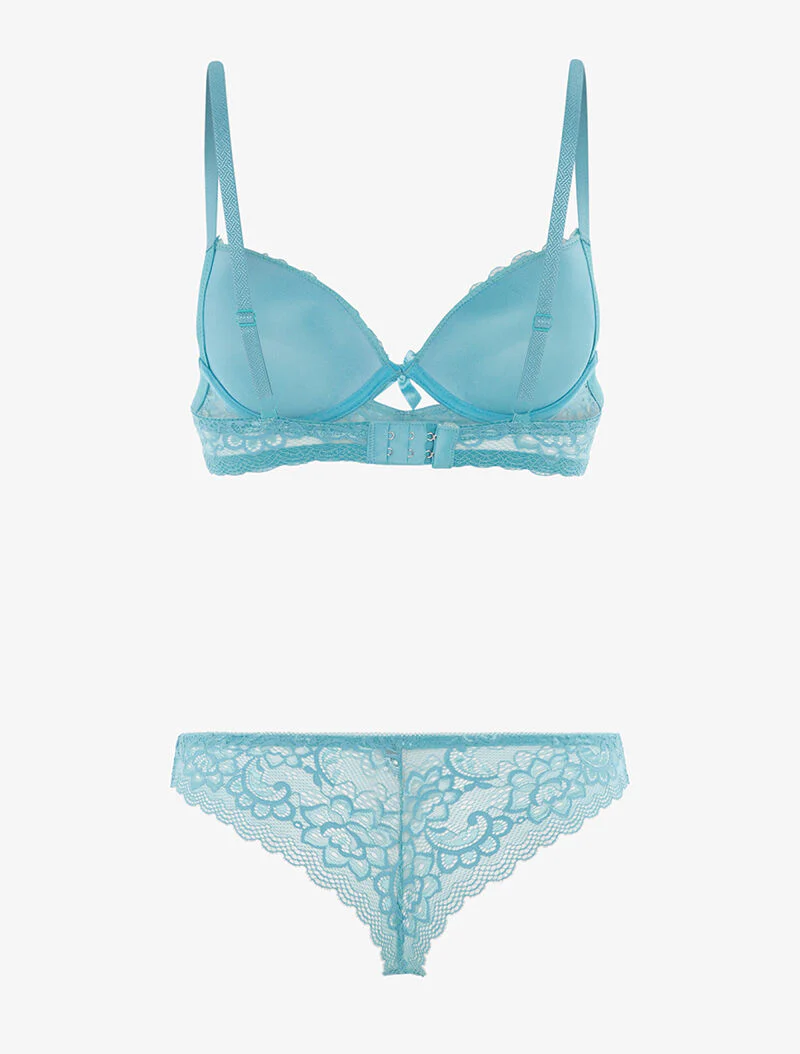Set in fijne bloemenkant en string - turquoise - Image 2