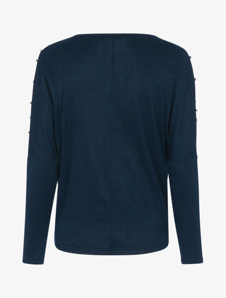Fijne trui met parel versierde boothals en schouderdetails - Nachtblauw - Image 2