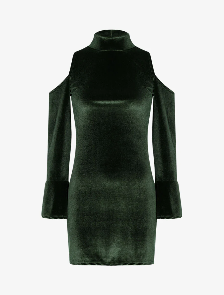 Fluwelen off-shoulder jurk - Groen