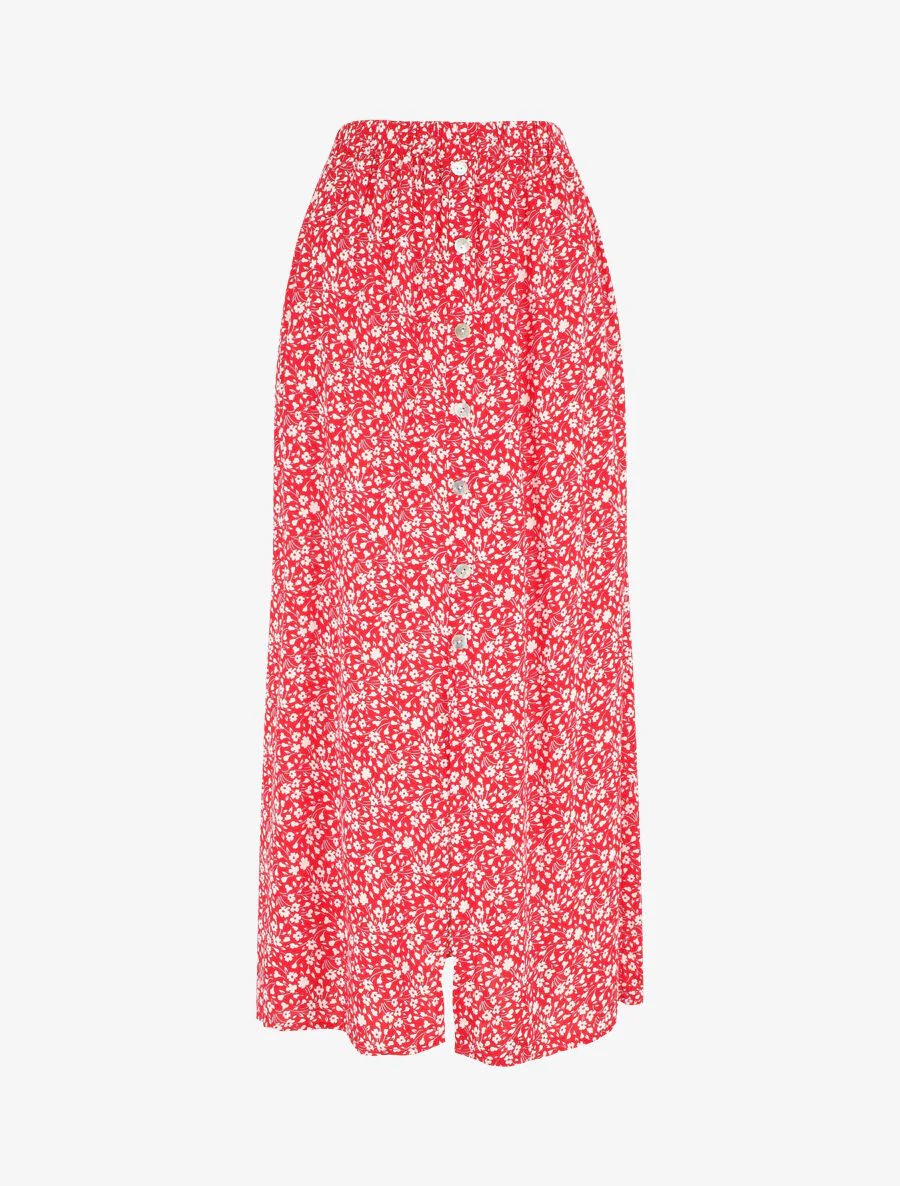 Gebloemde uitlopende midi-rok met knopen - Rood