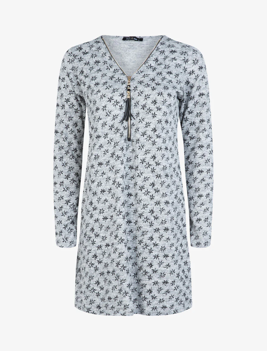 Gebreide jurk met kleine bloemenprint - Lichtgrijs
