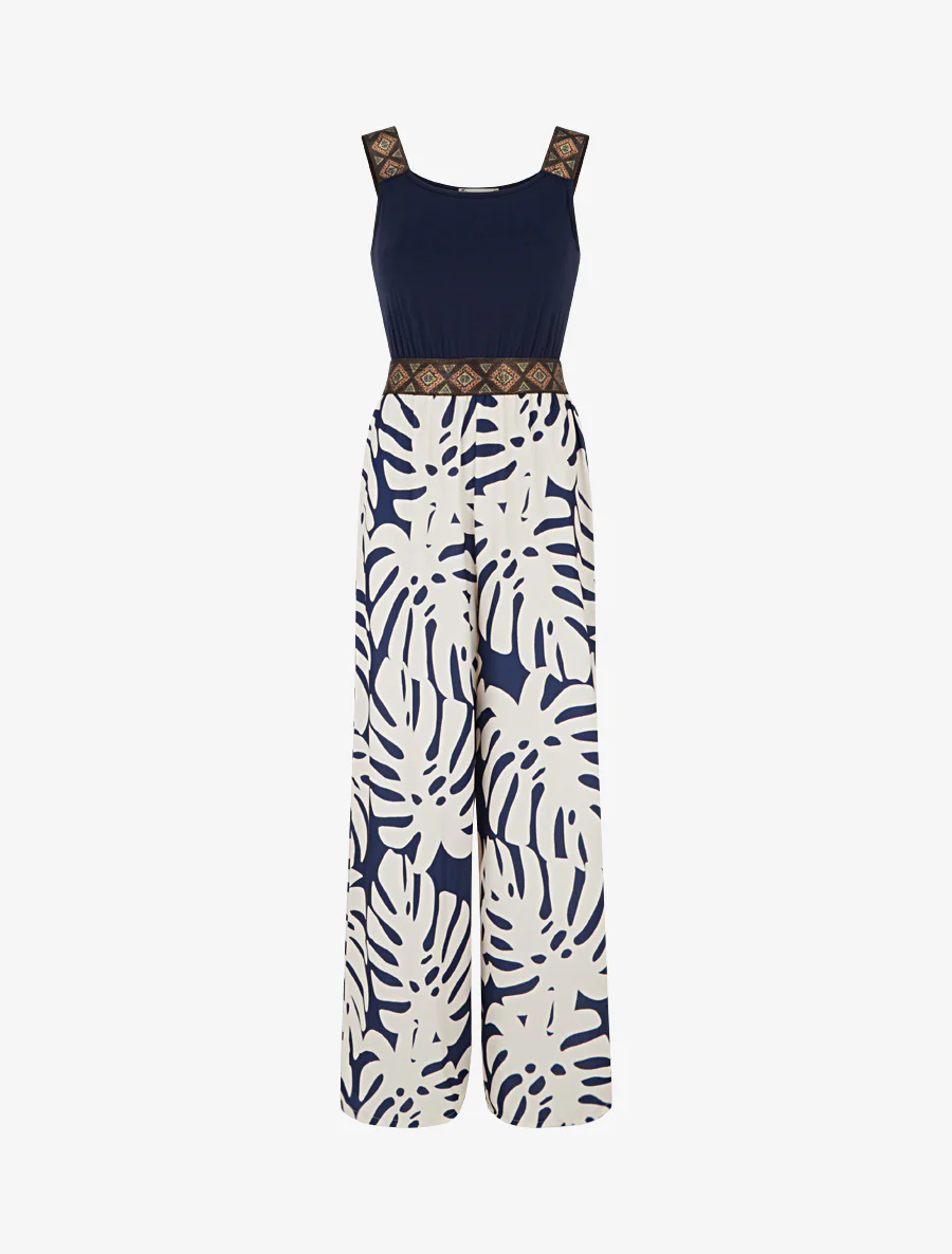 Gedessineerde bladeren jumpsuit met glanzende bandjes - Marine