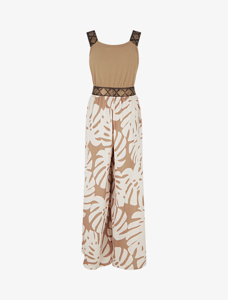 Gedessineerde bladeren jumpsuit met glanzende bandjes - Kameel - Image 2