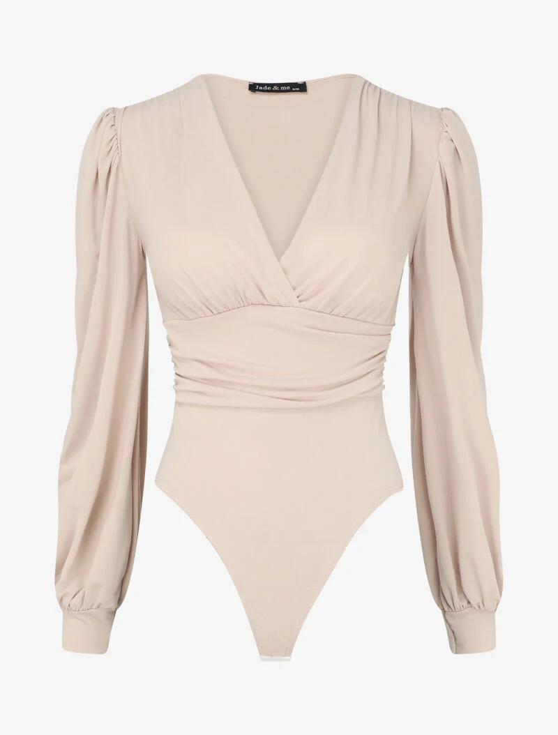 Gedrapeerde body met overslaghals - Beige
