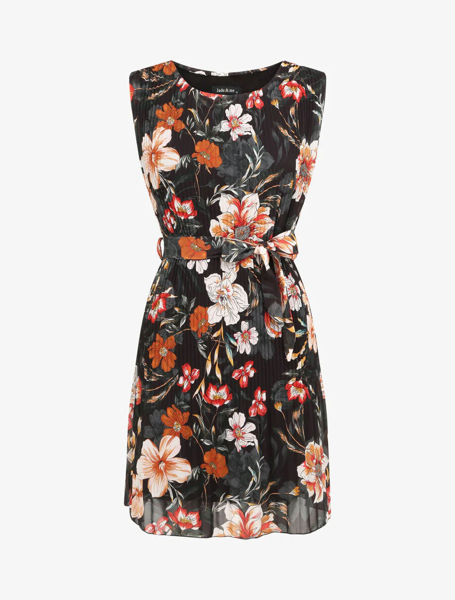 Geplooide jurk met zomerbloemenprint - Zwart