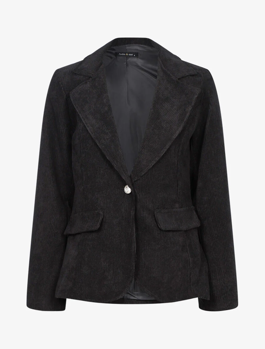 Geribbelde rechte blazer met ingekeepte kraag - Zwart