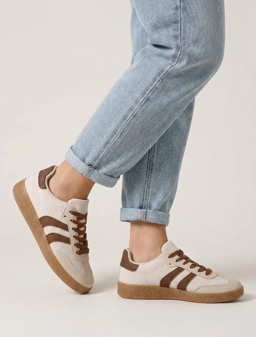 Geribbelde stoffen sneakers - Beige - Image 5