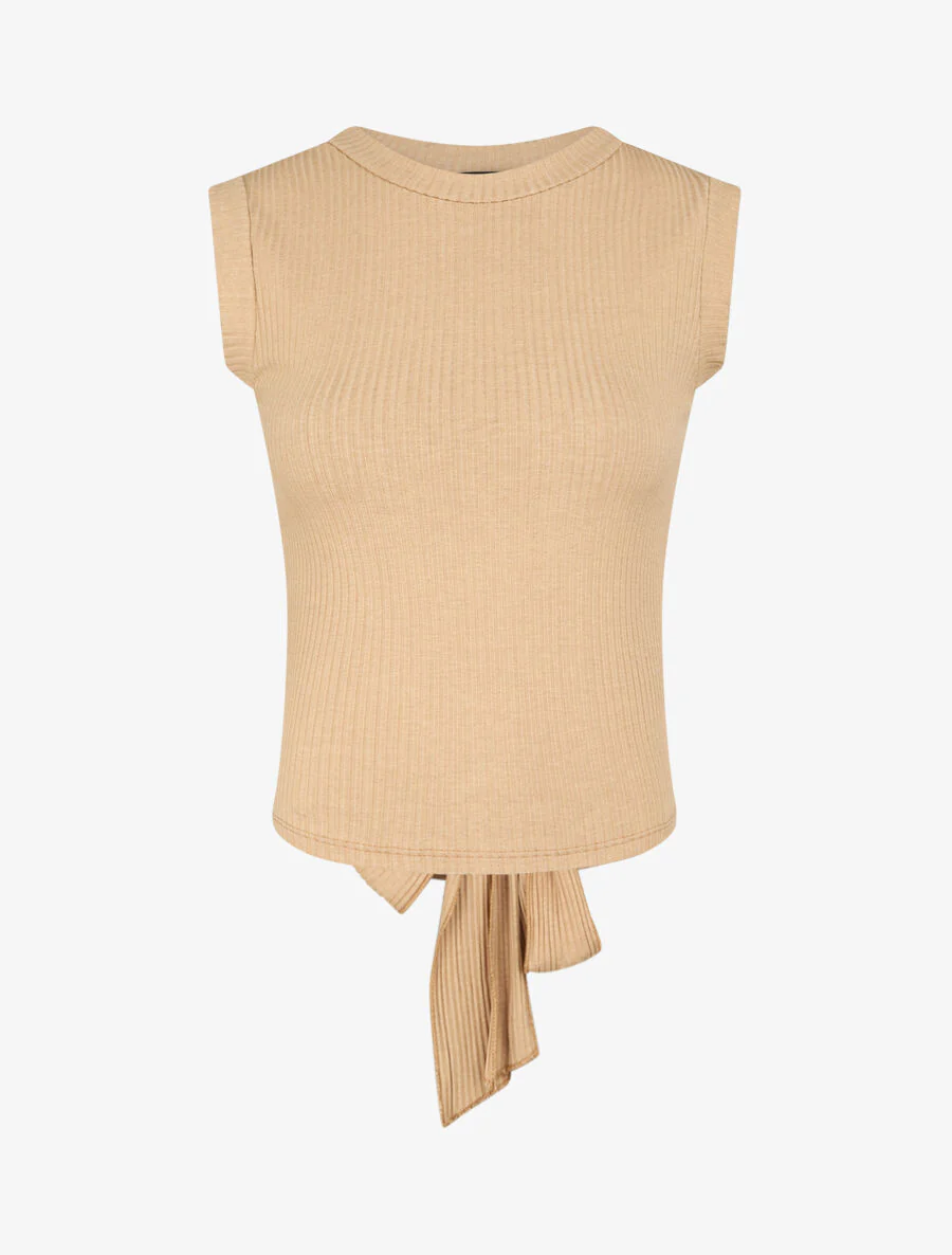 Geribbelde top met strikceintuur - Camel