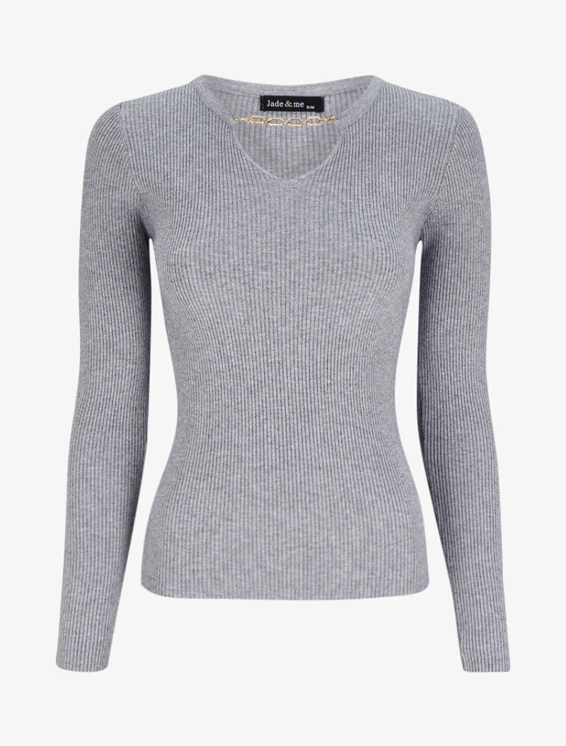 Geribbelde trui met V-hals versierd met een afneembare ketting met strass-stijl juweel - Gemêleerd grijs