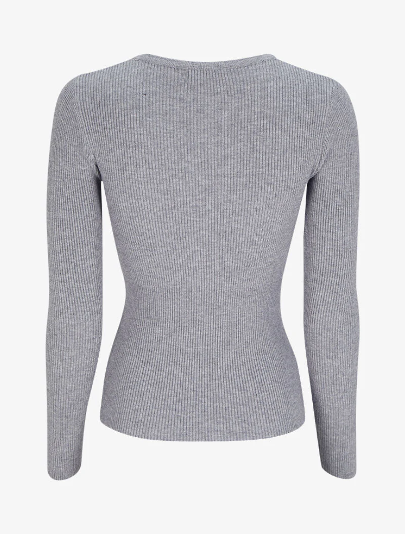 Geribbelde trui met V-hals versierd met een afneembare ketting met strass-stijl juweel - Gemêleerd grijs - Image 2