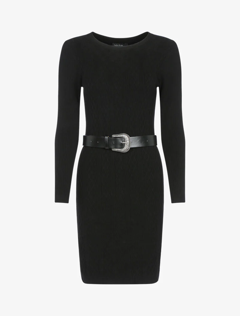 Geribde trui jurk met geometrische details - zwart