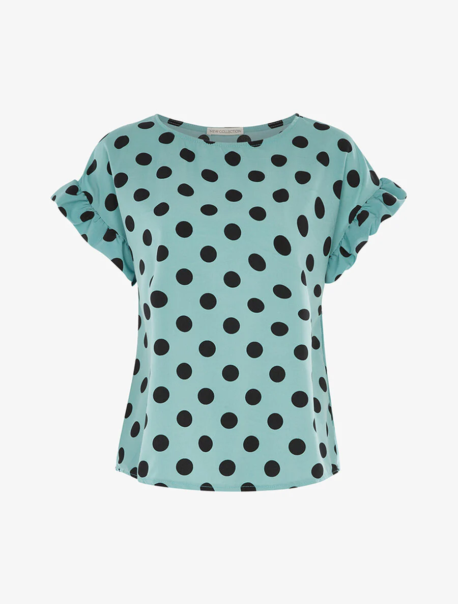Gestippelde blouse met ruches mouwen - Turkoois
