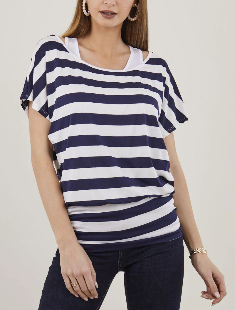 Gestreepte top met ingebouwde tanktop - marine