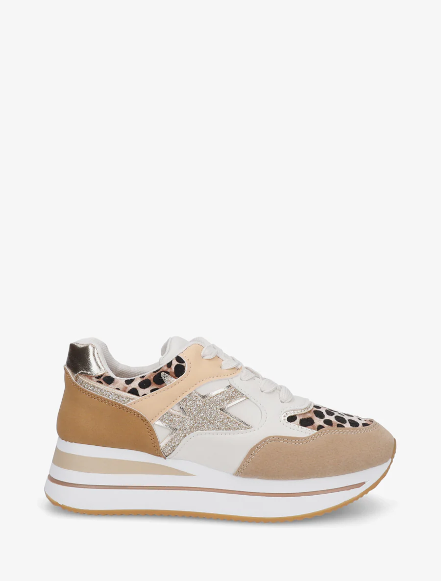 Glitter en luipaardprint sneakers - Kameel