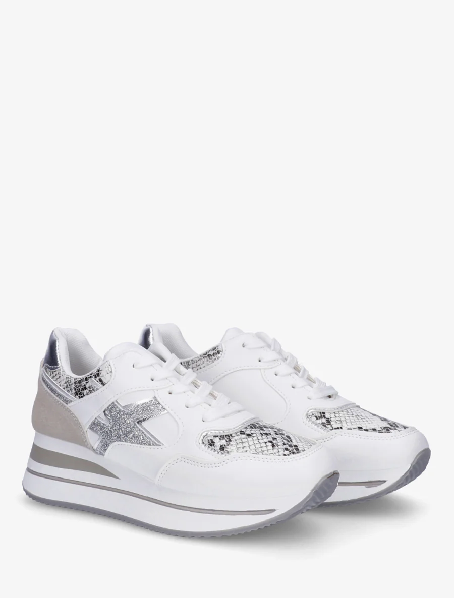 Glitter sneakers en slangenprint-effect - Wit - Image 4